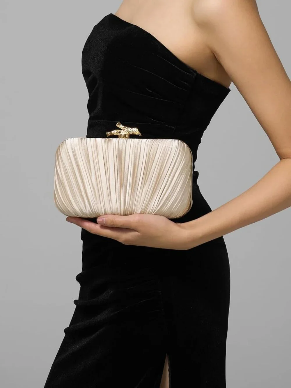Women's Champagne Gold Pu Leather Clutch Purse Formal Chain Evening Wedding Bag
